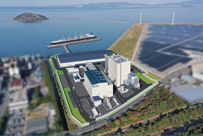 Rendering of the completed woody biomass combustion power plant, one of the largest of its kind in Japan (Tahara Biomass Power Plant)